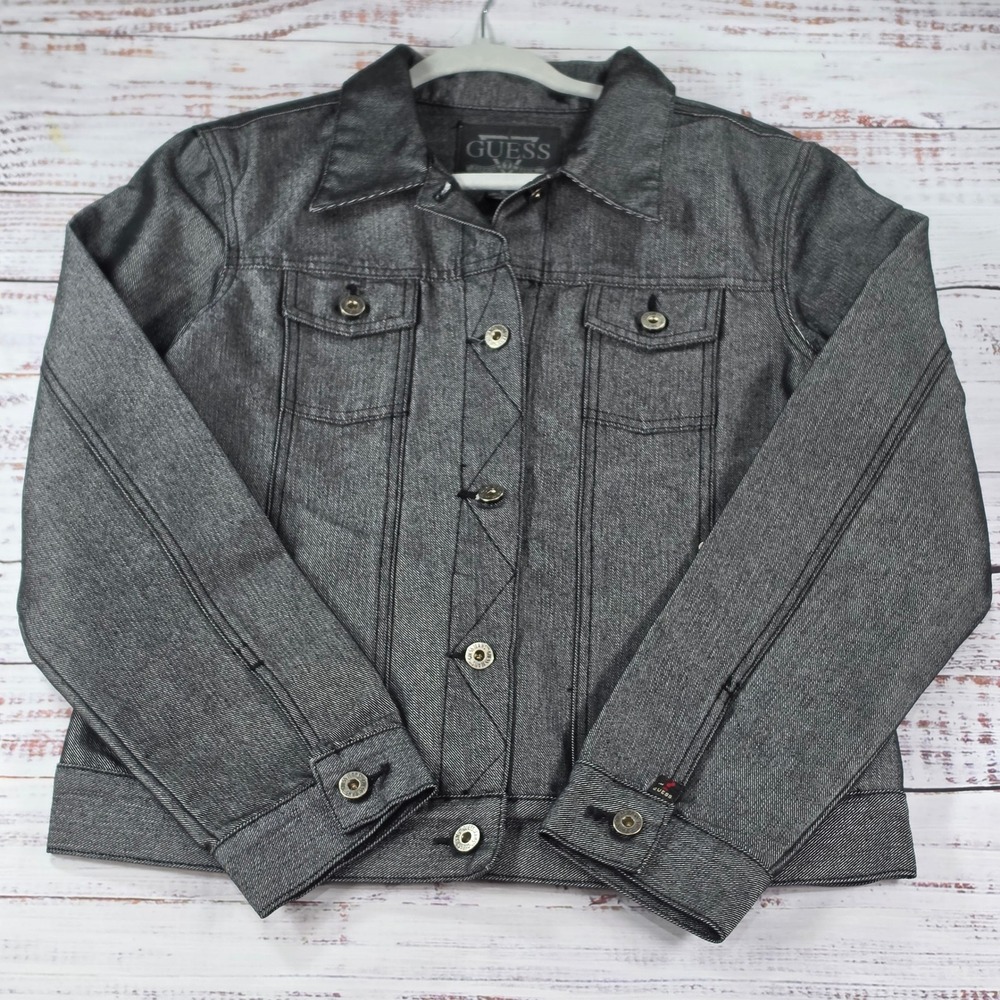 Guess Denim Jacket Womens XL Black Silver Metallic Coated Excellent Trucker Vtg